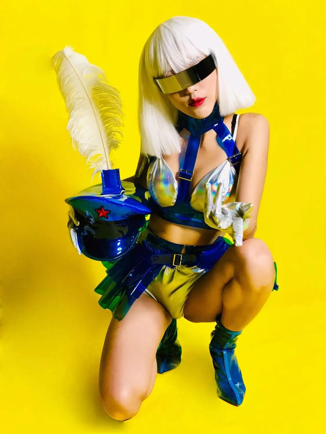 Holographic Silver Laser Bikini, Ruffle Skirt & Captain Hat 3-Piece Stage Costume Set