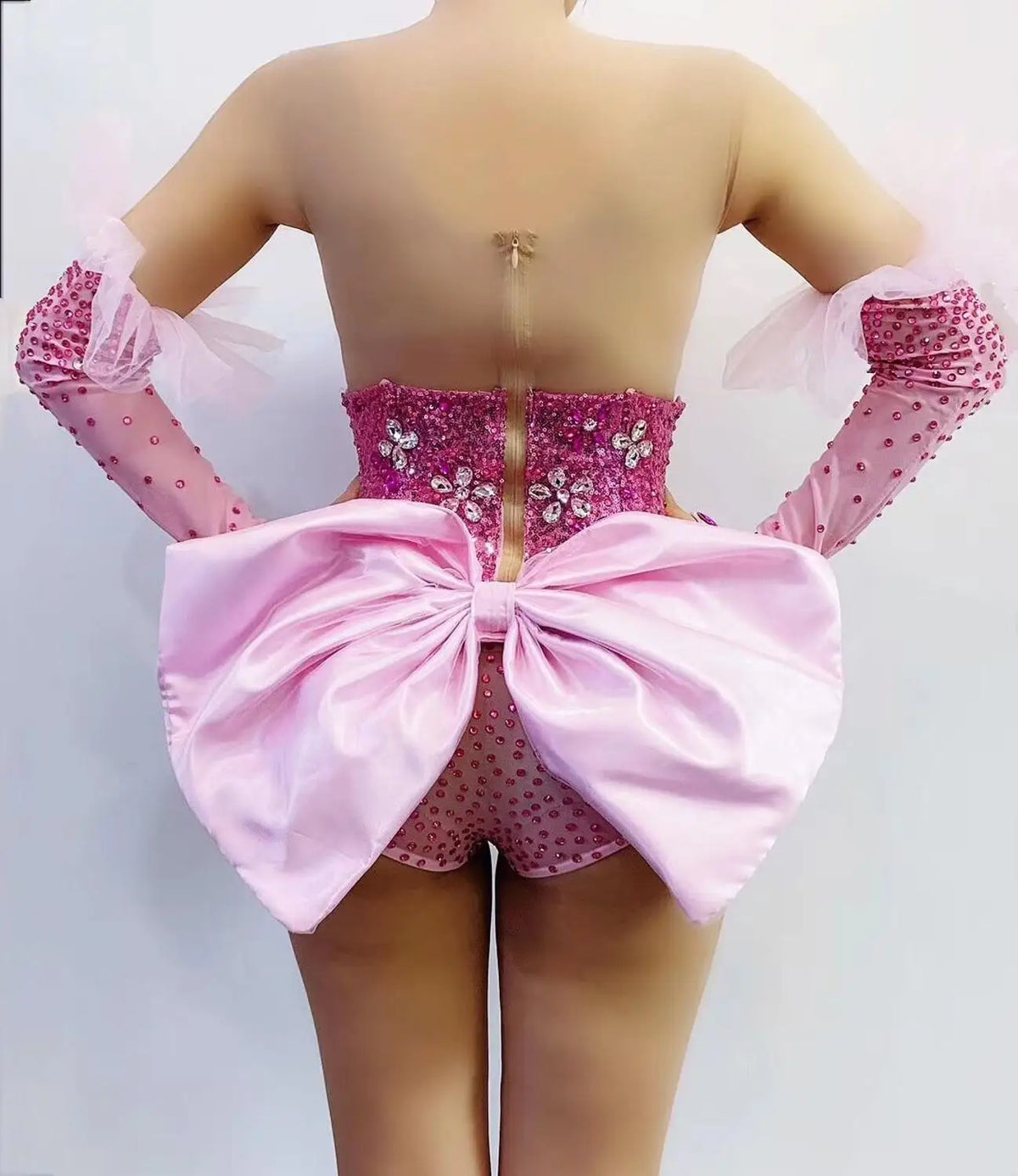 Pink Rhinestone Sequin Bodysuit & Gloves Set