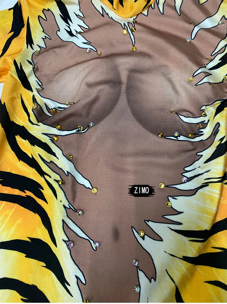 Tiger Print Rhinestone Catsuit Long Sleeve Fierce Animal Stage Performance Jumpsuit