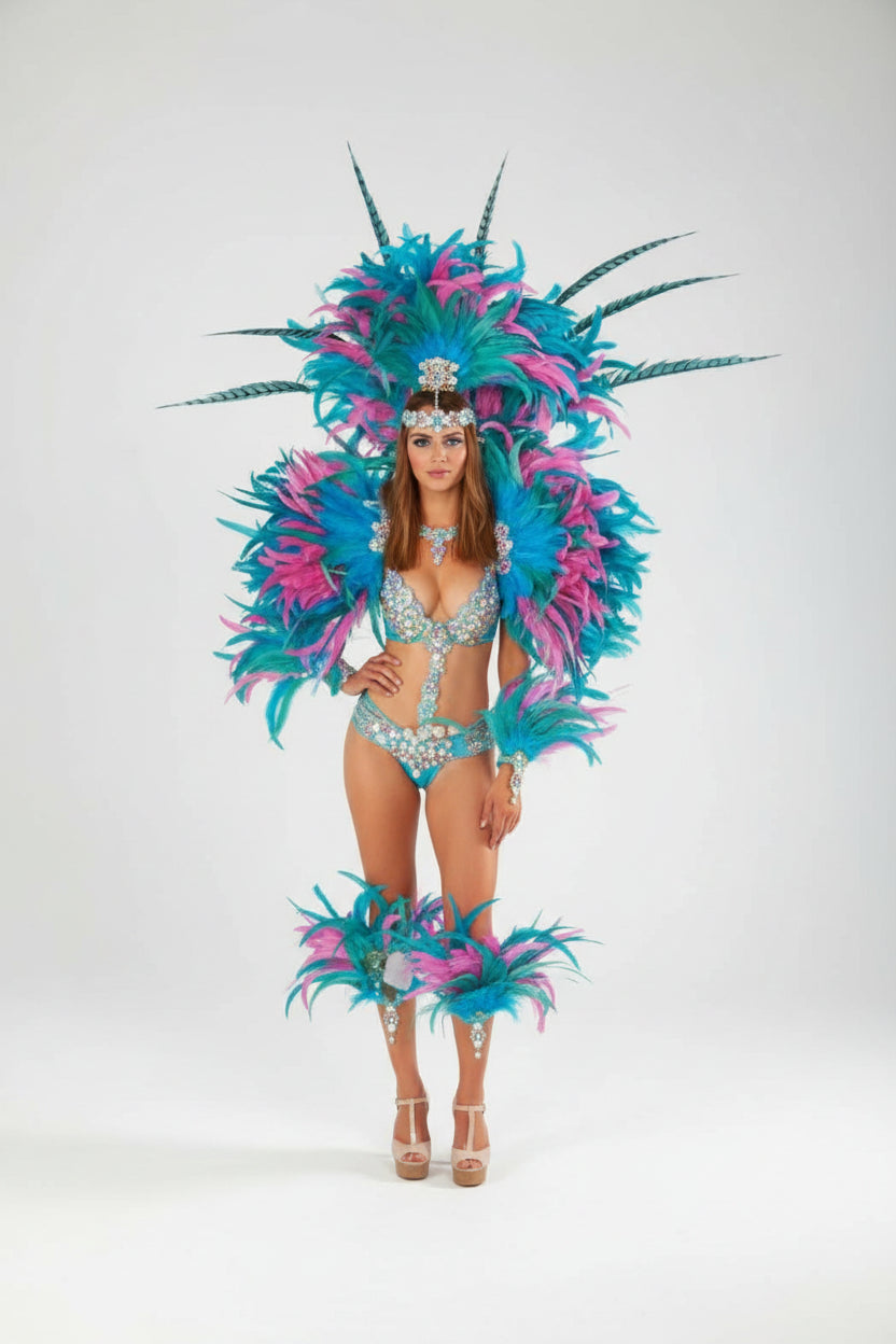 The Stardust Empress Royale – Deluxe Feathers & Crystal Bikini Samba Performance Costume Set