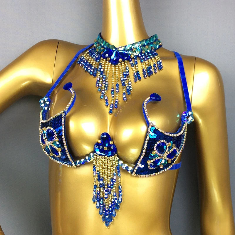 Handmade Beaded Samba Carnival Bra, Thong & Jewelry 5-Piece Stage Costume Set