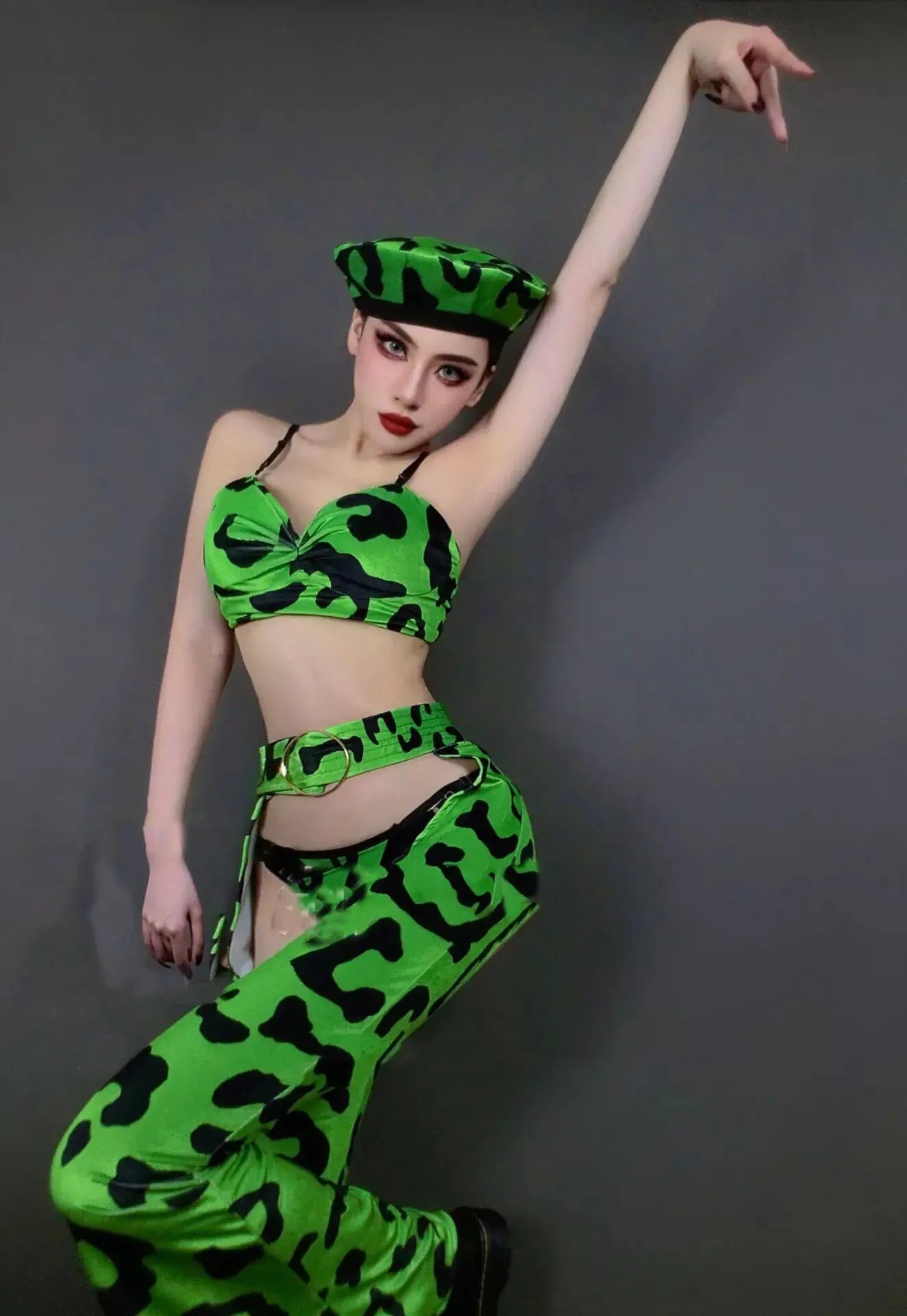 Neon Green Leopard Bikini Top, Wide-Leg Chaps Pants & Hat 4-Piece Stage Dance Costume Set