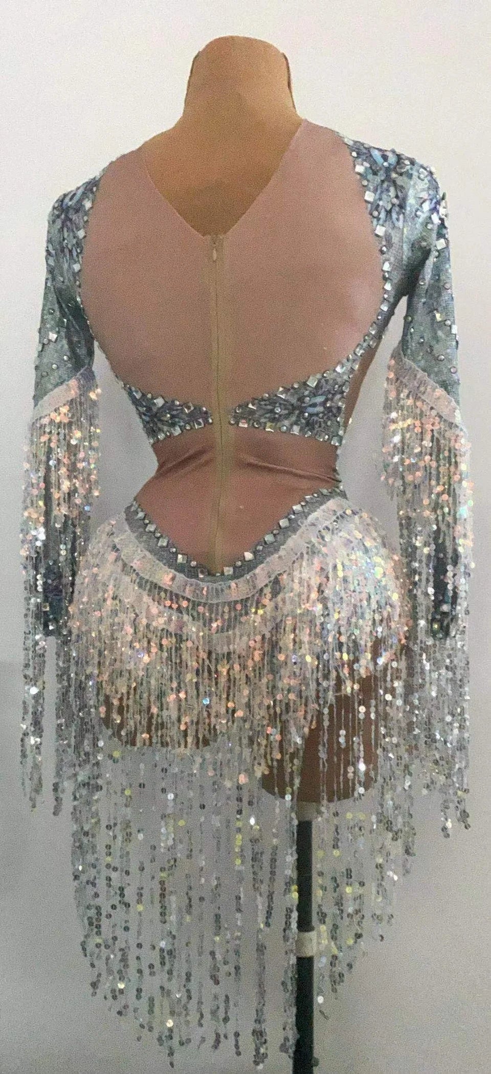 Rhinestone Sequin Fringe Long-Sleeve Bodysuit