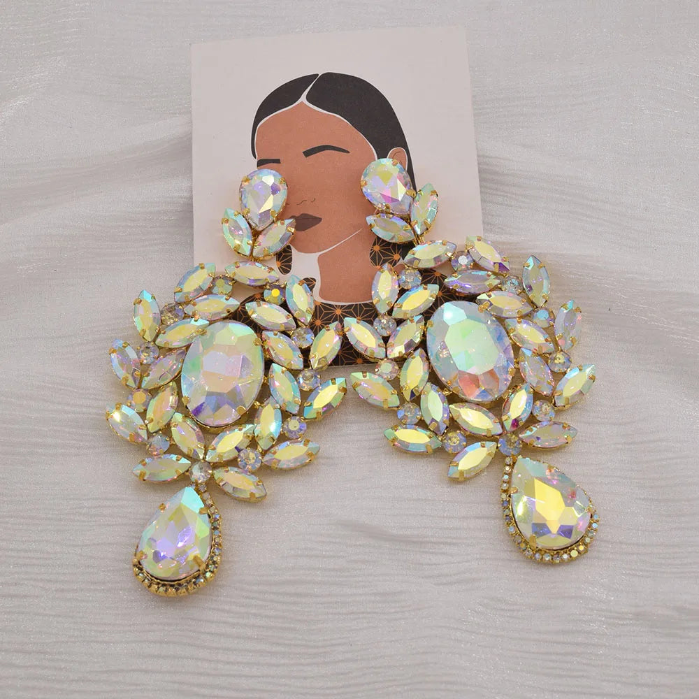 Oversized 4.7" Glass Gemstone Statement Drop Earrings Drag Queen Stage Jewelry