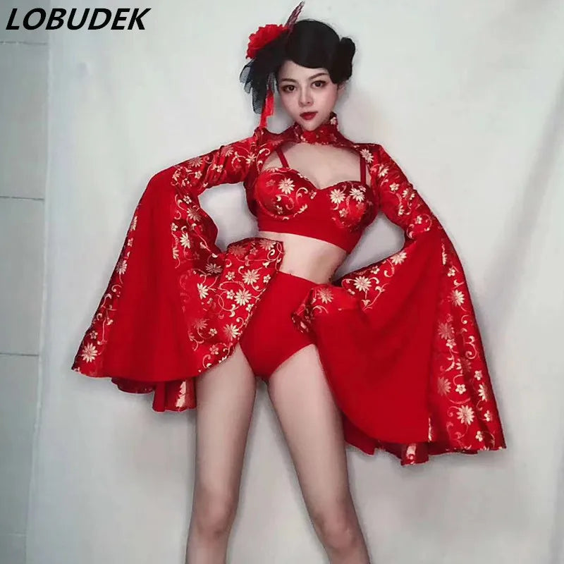 Crimson Red Sculpted Bralette, Dramatic Puff Sleeve Shrug & Briefs 3-Piece Stage Costume Set
