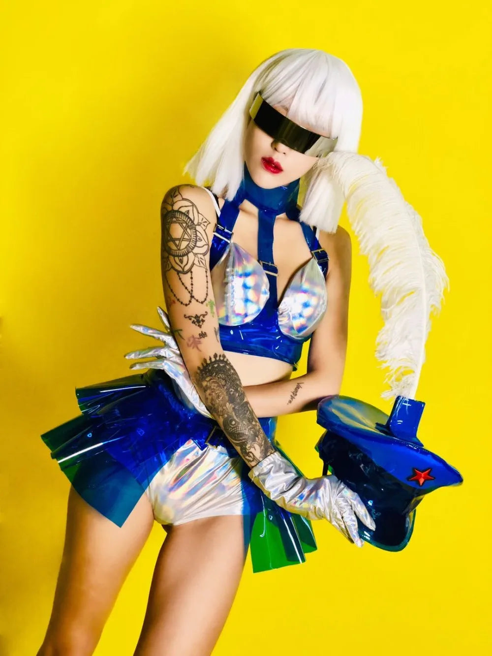 Holographic Silver Laser Bikini, Ruffle Skirt & Captain Hat 3-Piece Stage Costume Set
