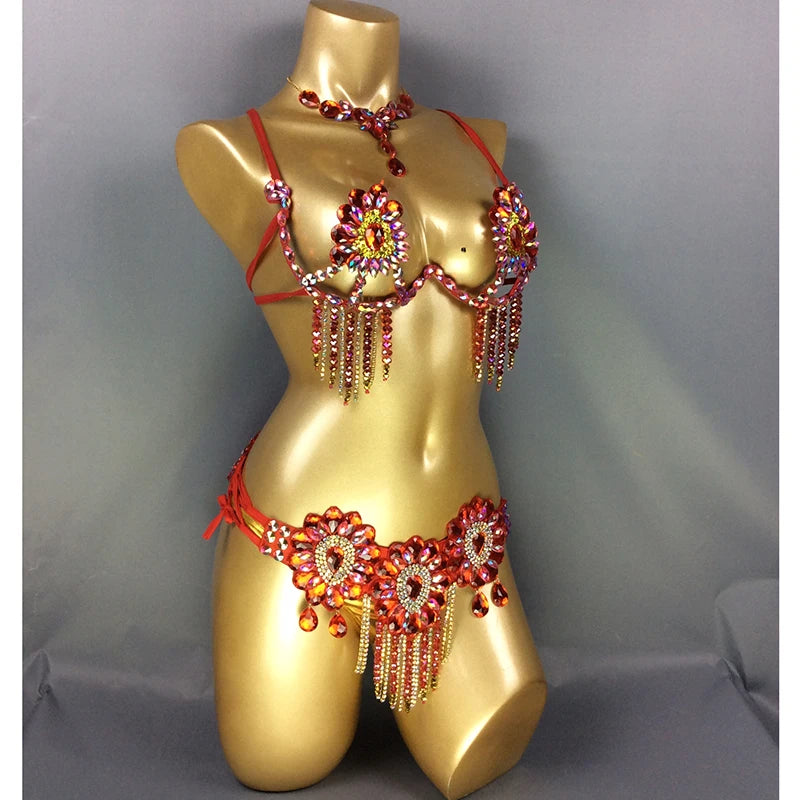 Sparkly Samba Carnival Stone Wire Bra, Belt & Necklace Three-Piece Costume Set