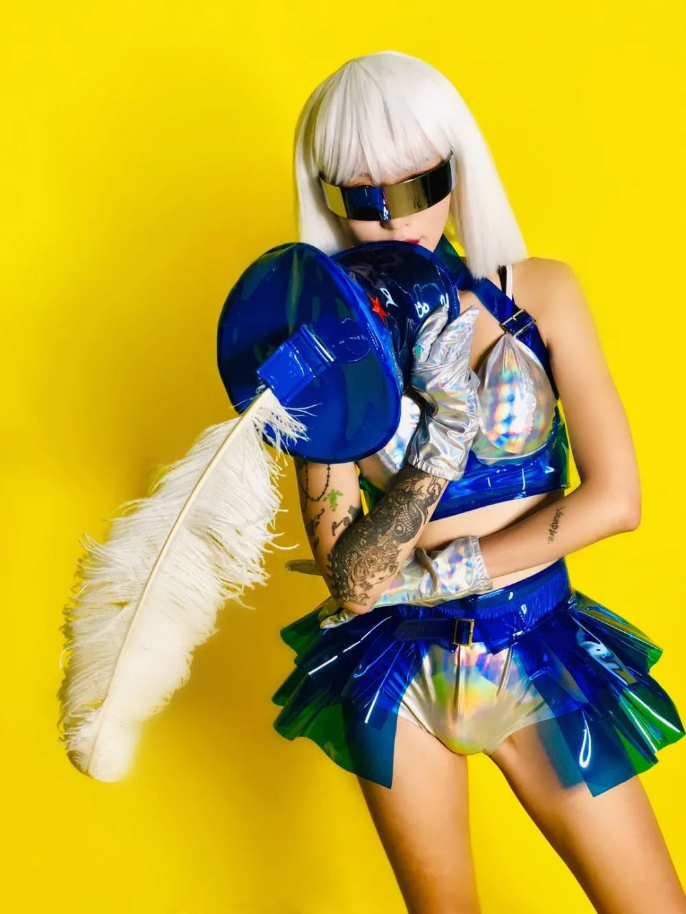Holographic Silver Laser Bikini, Ruffle Skirt & Captain Hat 3-Piece Stage Costume Set