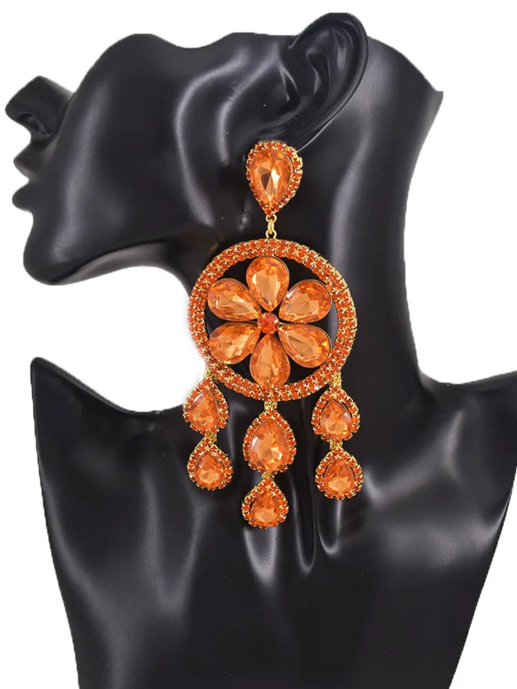 Sparkly 5.1" Glass Crystal Tassel Drop Earrings Drag Queen Stage Jewelry