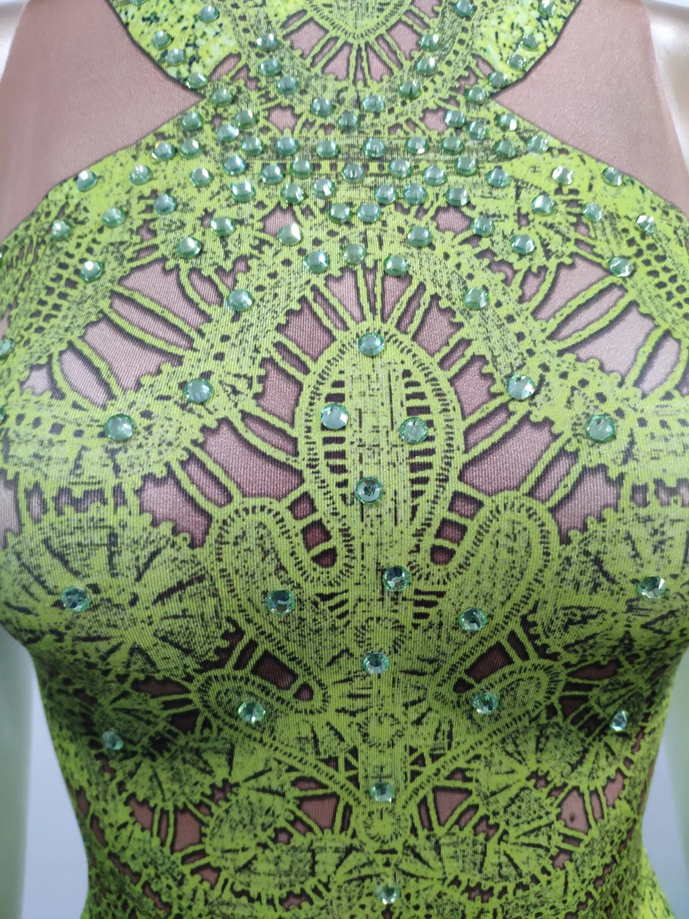 Sparkly Lime Green Rhinestone & Tassel Fringe Bodycon Dress Stage Performance Costume