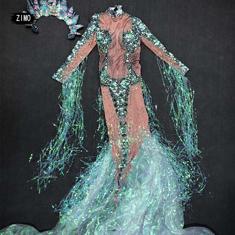 Emerald Green Rhinestone Sequin Mermaid Gown & Crown Stage Performance Costume Set
