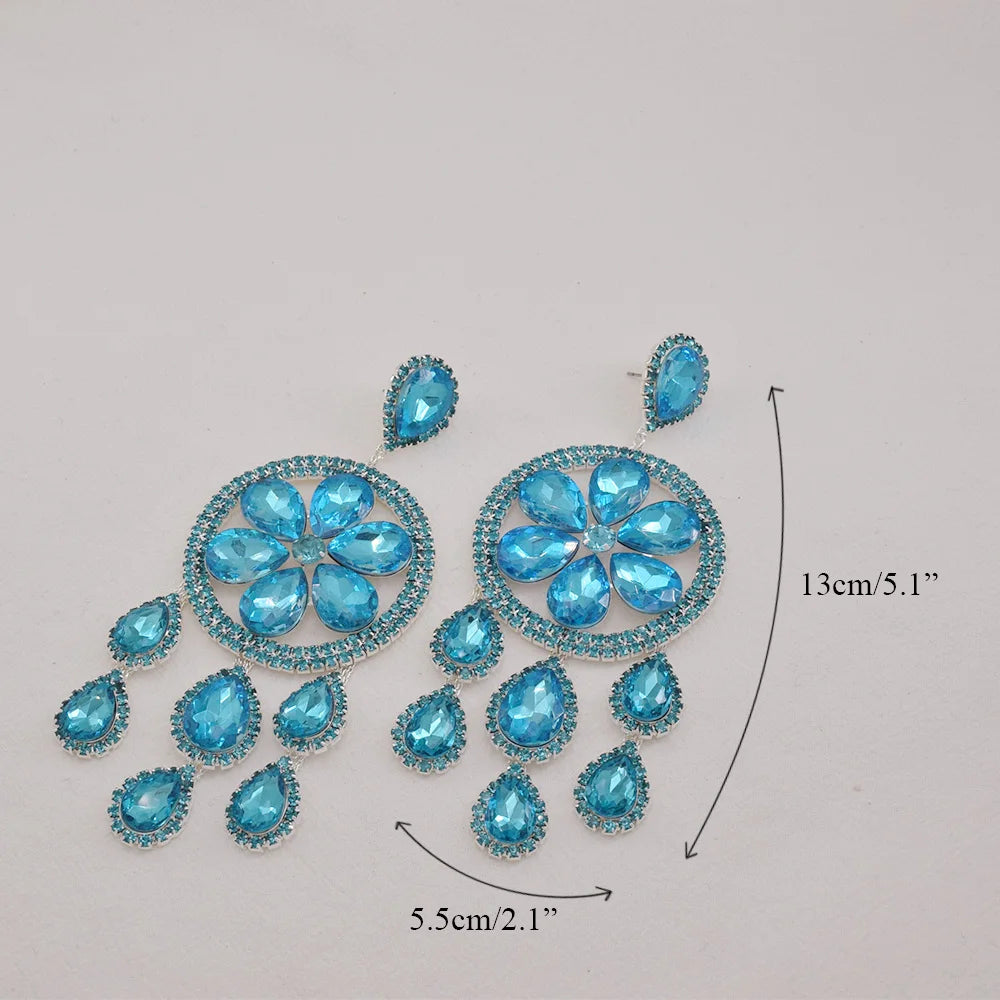 Sparkly 5.1" Glass Crystal Tassel Drop Earrings Drag Queen Stage Jewelry