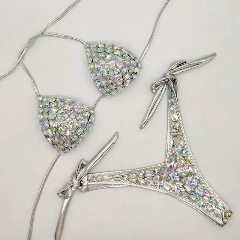 Cut-Out Rhinestone Bandage Bikini Set – Shimmering Crystal Push-Up Swimsuit & Open-Front Bling Bathing Suit for Raves & Festivals