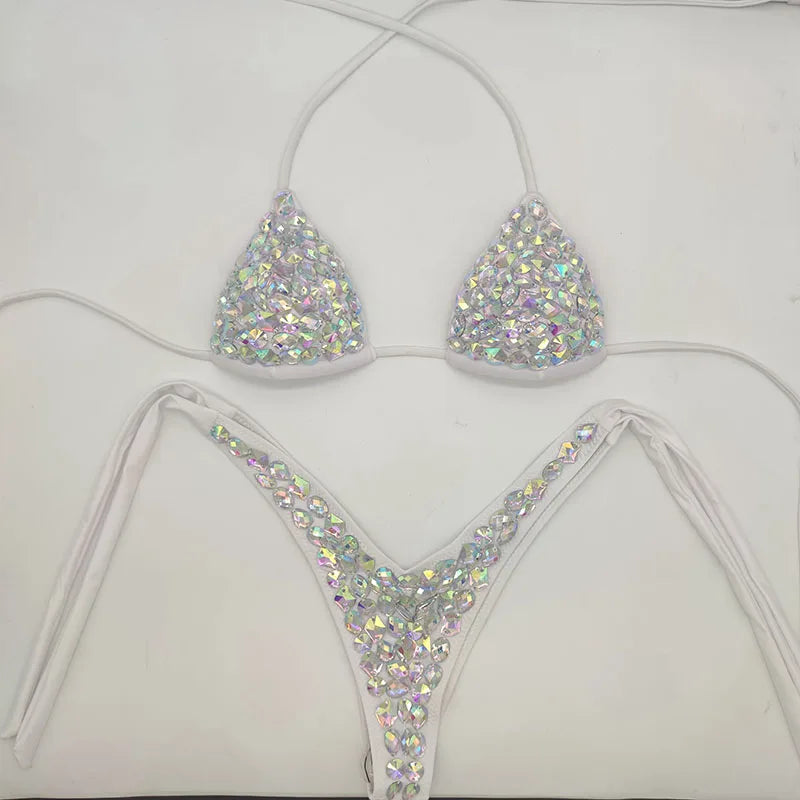 Cut-Out Rhinestone Bandage Bikini Set – Shimmering Crystal Push-Up Swimsuit & Open-Front Bling Bathing Suit for Raves & Festivals