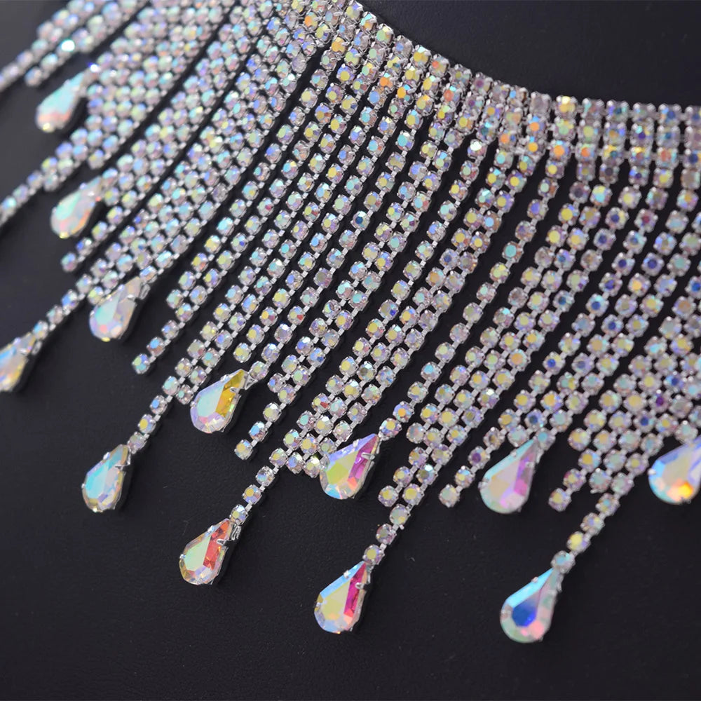 5YDS Crystal AB Rhinestone Fringe Trim 3.1" Tassel Applique Sew-On Stage Costume Border