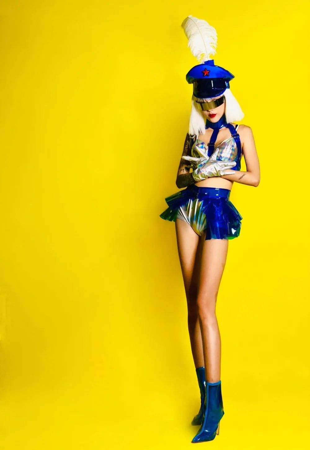 Holographic Silver Laser Bikini, Ruffle Skirt & Captain Hat 3-Piece Stage Costume Set