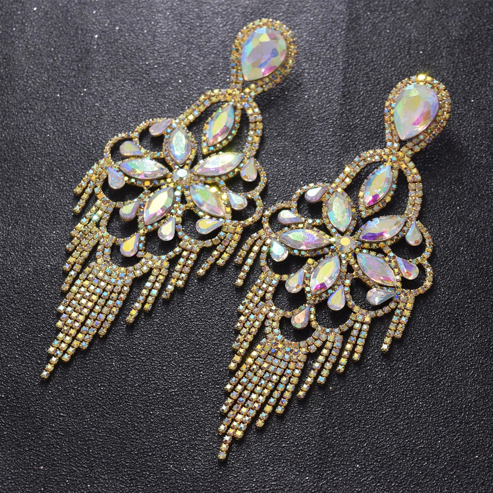 Sparkly Glass Crystal Statement Drop Earrings Stage Performance Jewelry