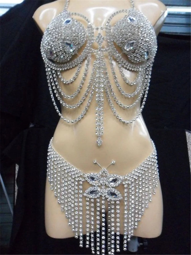 Dazzling Crystal Bra Chain & Catwalk Tassel Body Jewelry Set