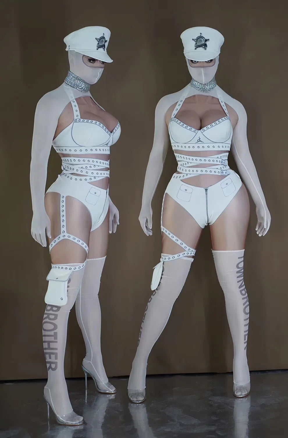 White Cyber Military Commander Bodysuit & Harness Set Men's & Women's Stage Dance Costume