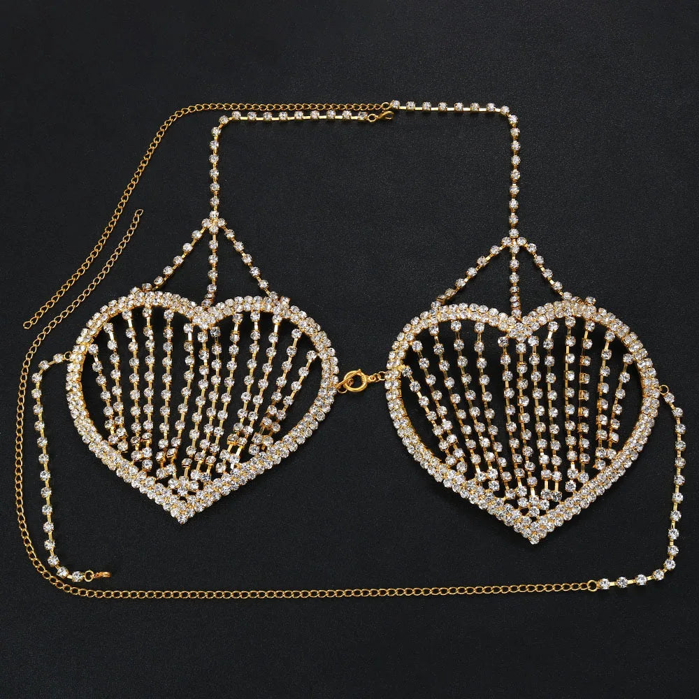Dazzling Heart Crystal Bra Chain & Thong Bikini Body Jewelry Set