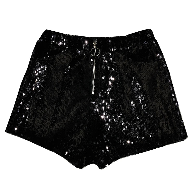 Sparkly Sequin High-Waisted O-Ring Zip Bodycon Shorts Stage Costume