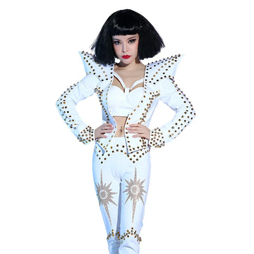 White Studded Punk Rivet Crop Jacket & Pants 2-Piece Singer Stage Costume Set