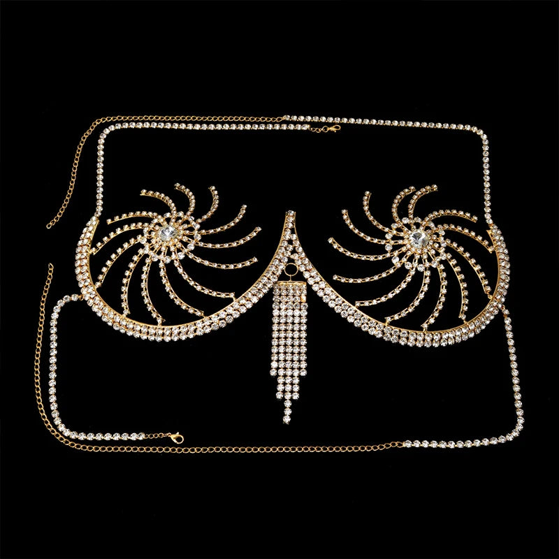 Luxury Crystal Swirl Micro Bikini Body Chain – Shimmering Rhinestone Tassel Bra & Exotic Chest Harness for Festivals, Raves & Clubwear
