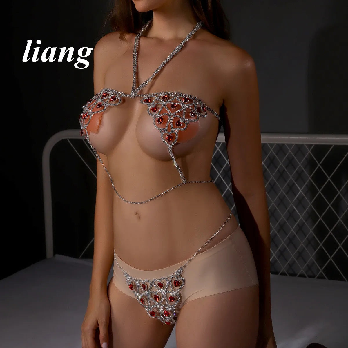 Ruby-Color Heart Bra & Thong Body Jewelry