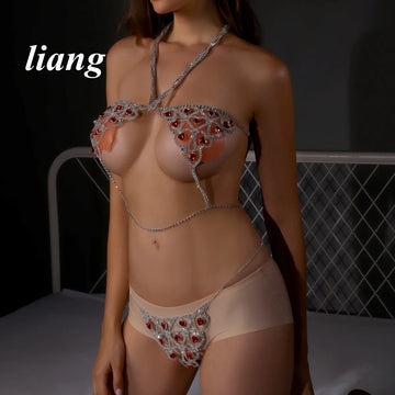 Ruby-Color Heart Bra & Thong Body Jewelry