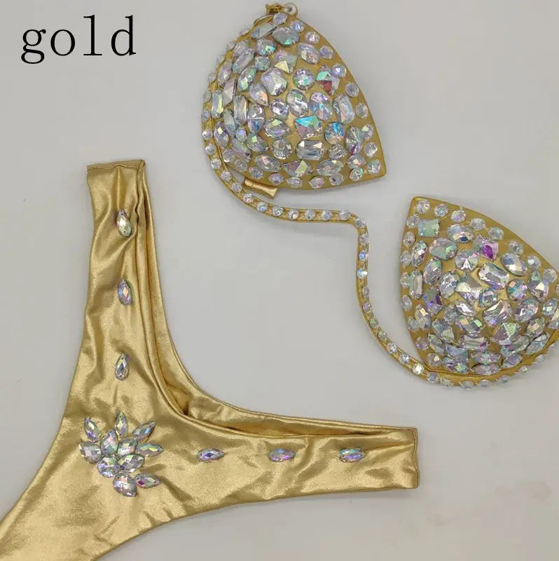 Luxury Rhinestone Performance Bikini Set – Shimmering Crystal Push-Up Stage Costume & Bling Two-Piece for GoGo Dancers, Festivals & Raves