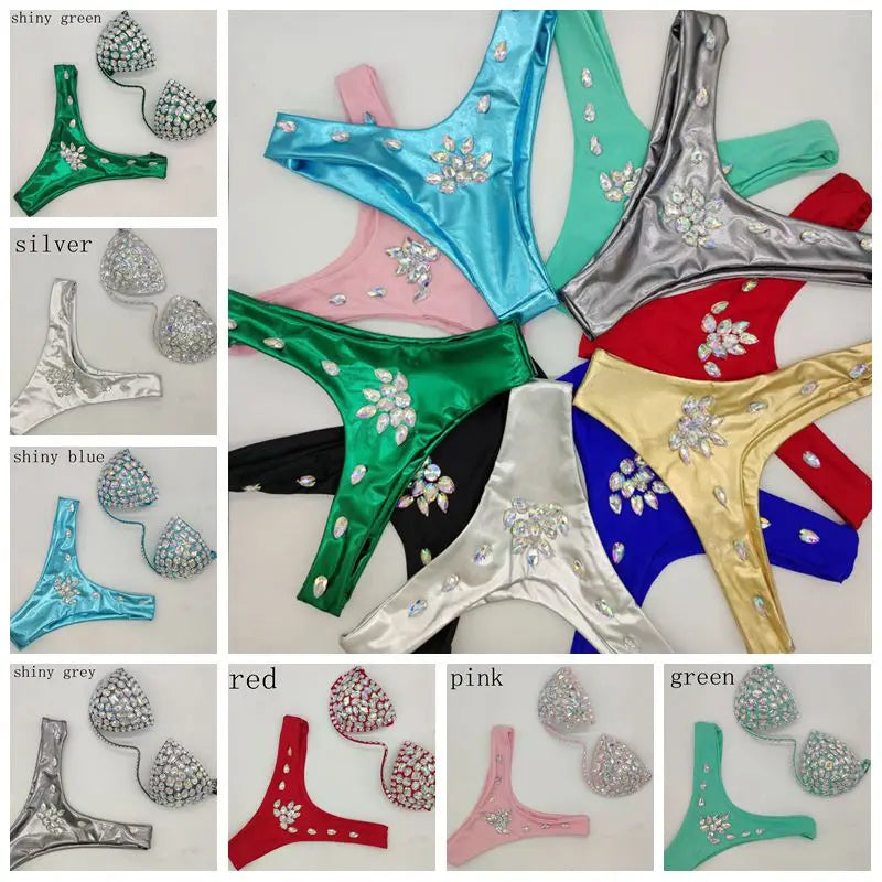 Luxury Rhinestone Performance Bikini Set – Shimmering Crystal Push-Up Stage Costume & Bling Two-Piece for GoGo Dancers, Festivals & Raves