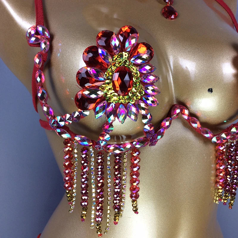 Sparkly Samba Carnival Stone Wire Bra & Necklace Two-Piece Dance Costume Set