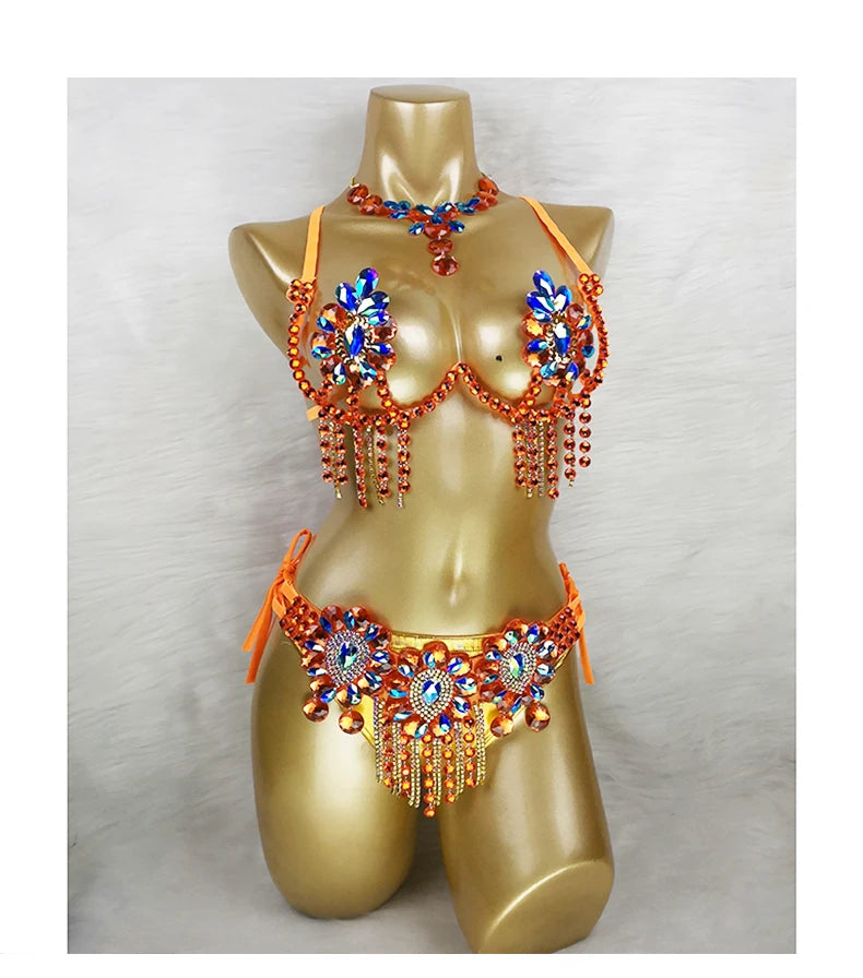 Sparkly Samba Carnival Stone Wire Bra, Belt & Necklace Three-Piece Costume Set