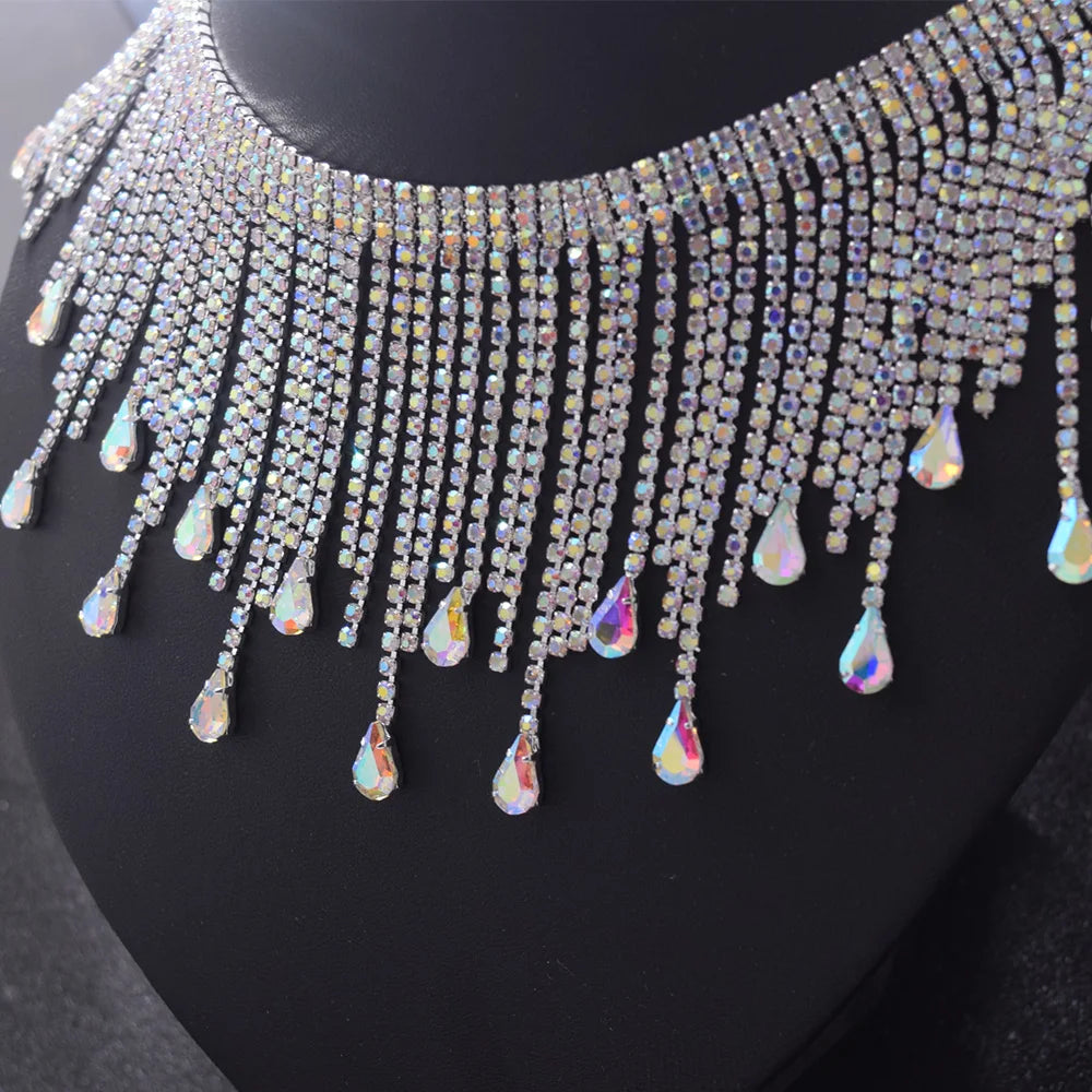 5YDS Crystal AB Rhinestone Fringe Trim 3.1" Tassel Applique Sew-On Stage Costume Border