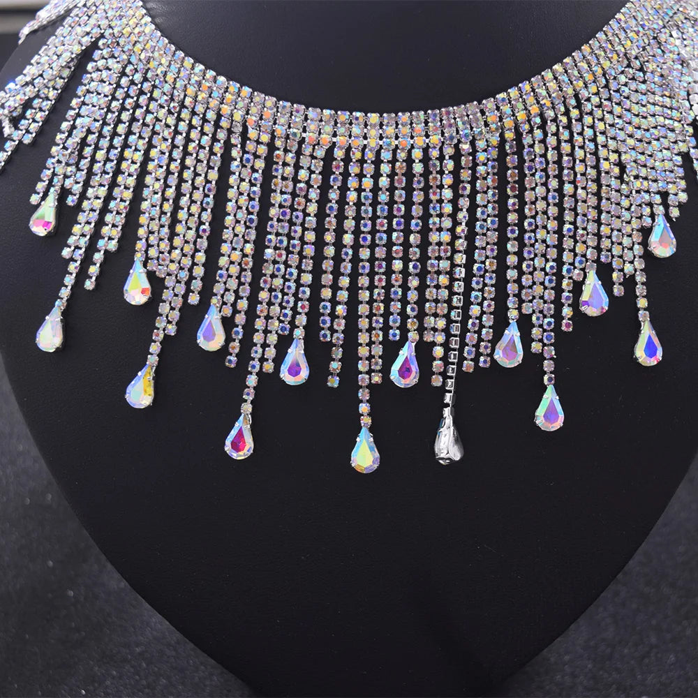 5YDS Crystal AB Rhinestone Fringe Trim 3.1" Tassel Applique Sew-On Stage Costume Border