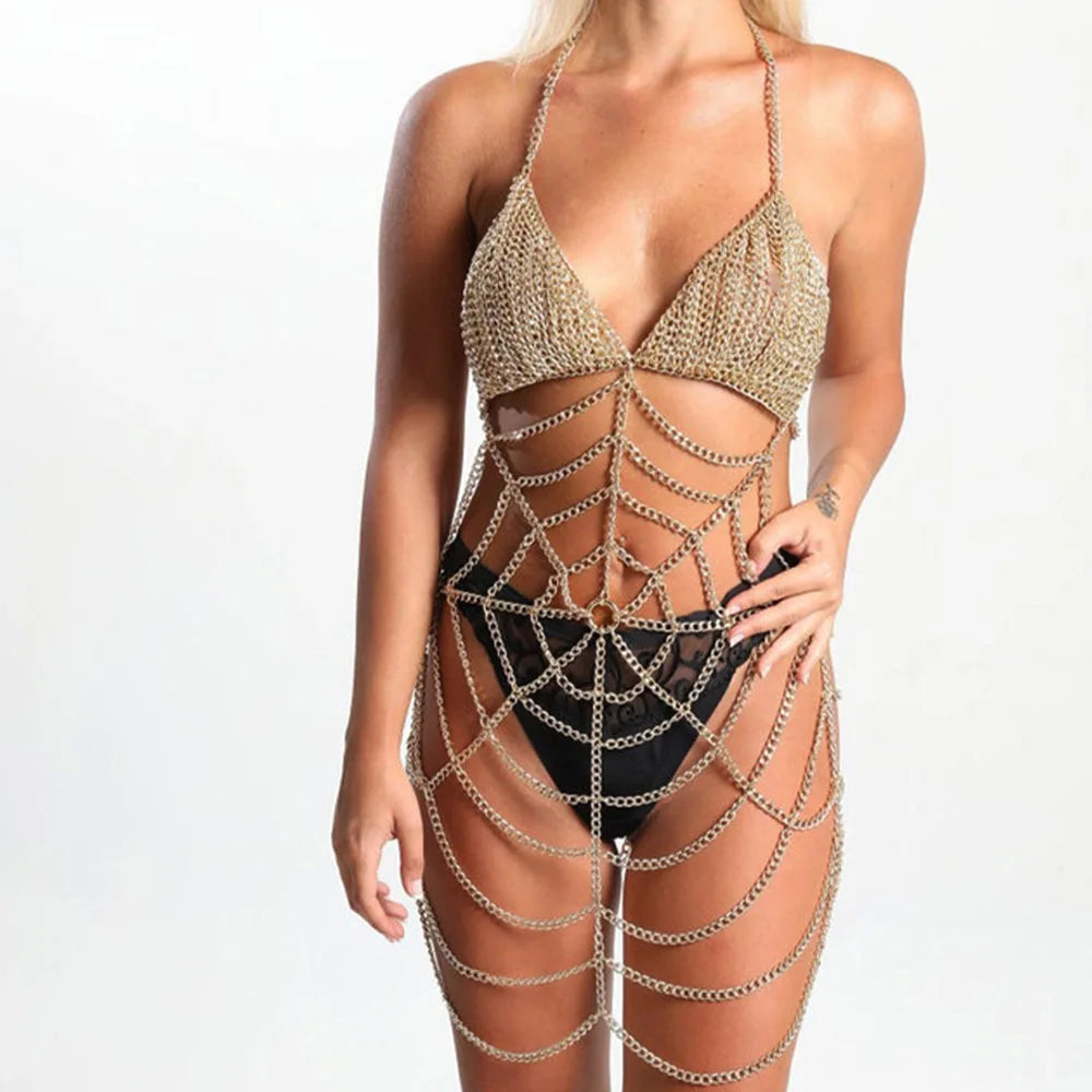 Dazzling Spider Web Crystal Bra Chain & Skirt Bikini Body Jewelry Set