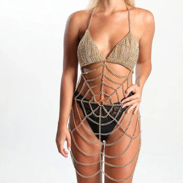Dazzling Spider Web Crystal Bra Chain & Skirt Bikini Body Jewelry Set