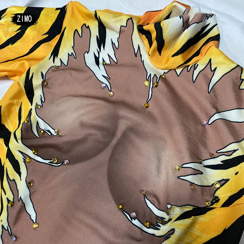 Tiger Print Rhinestone Catsuit Long Sleeve Fierce Animal Stage Performance Jumpsuit
