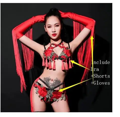 Red Rose Floral Fringe Bikini & Matching Fringe Gloves Stage Performance Costume Set