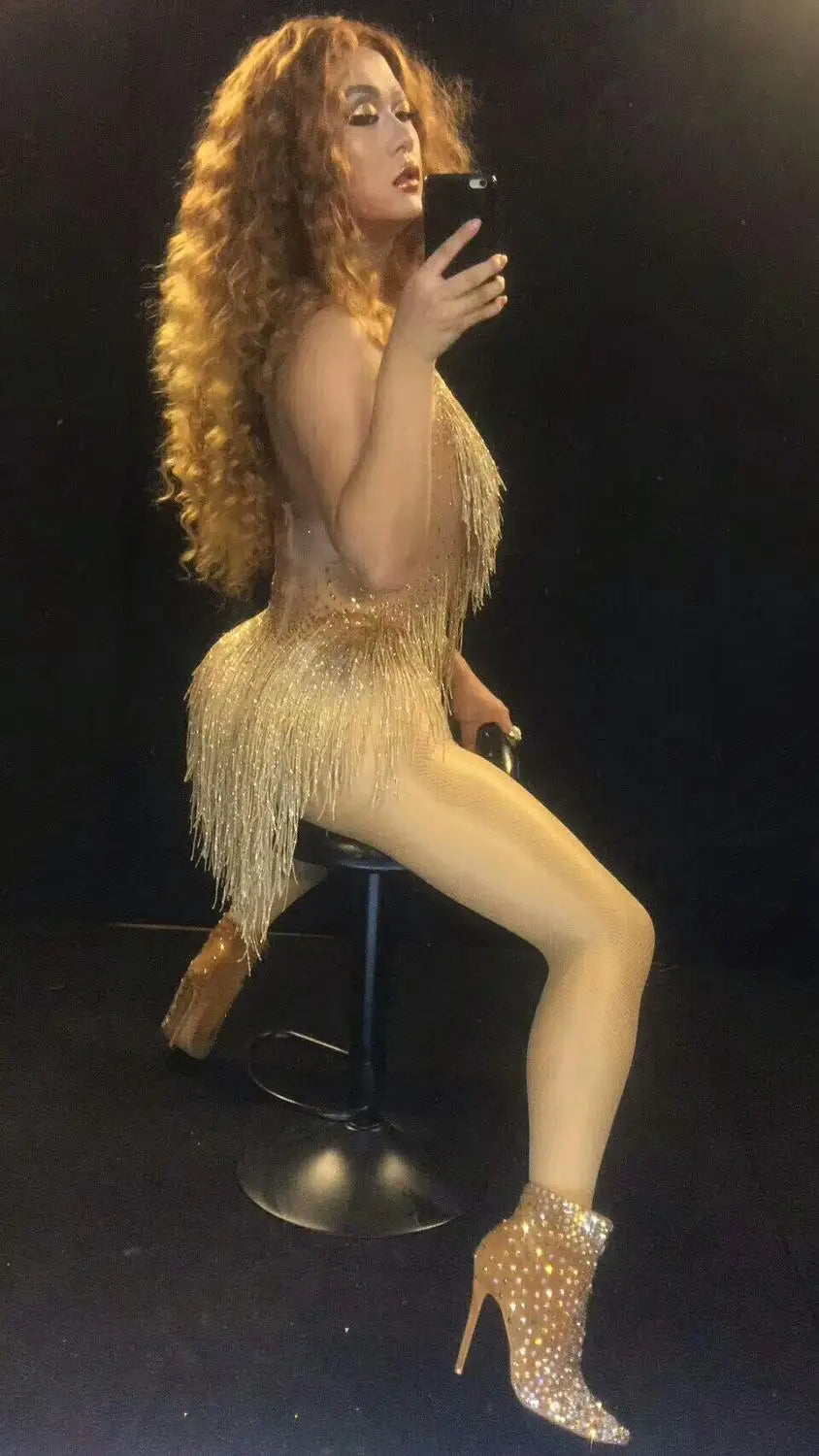 Sparkly Gold Rhinestone & Tassel Halter Neck Leotard Stage Costume
