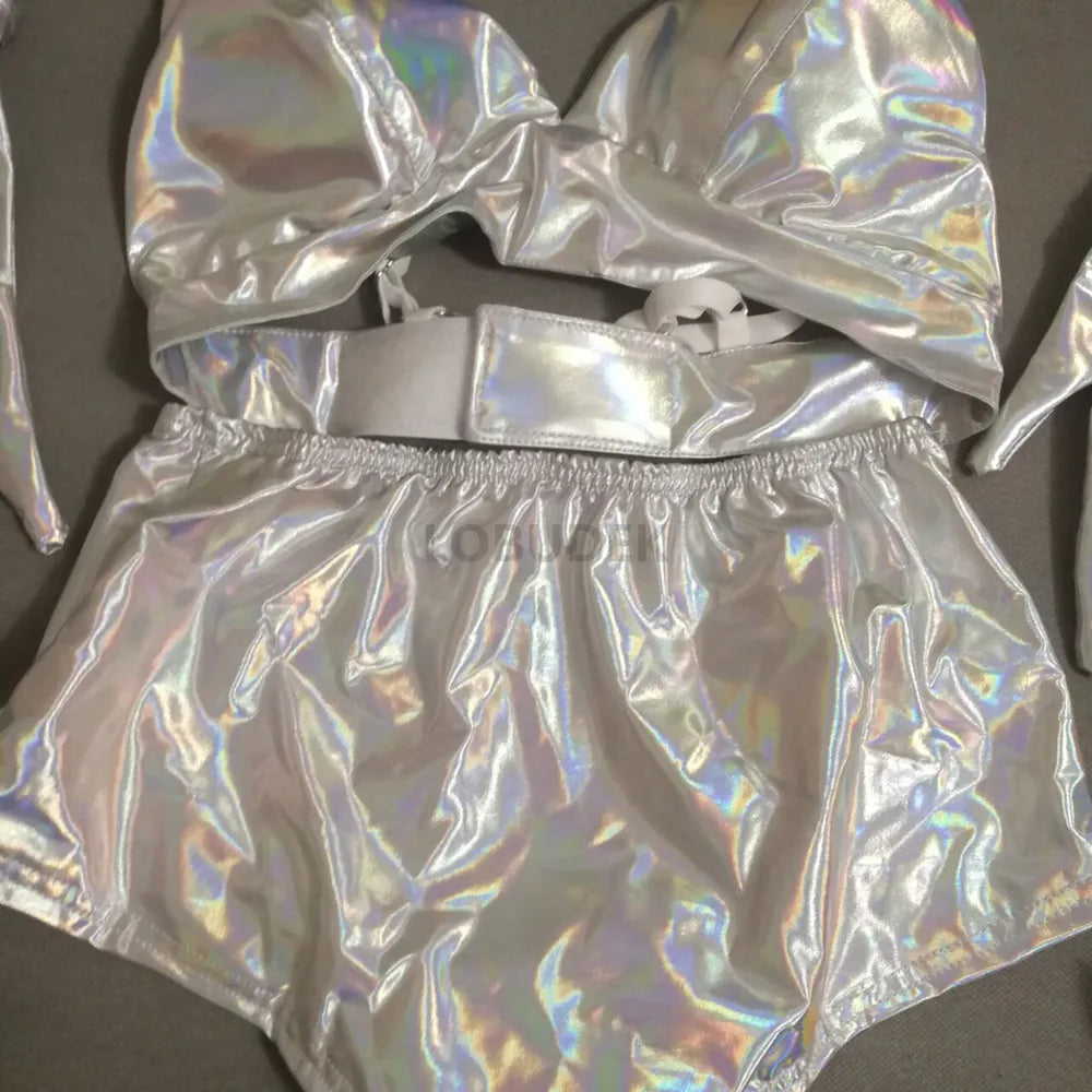 Holographic Silver Laser Bikini, Ruffle Skirt & Captain Hat 3-Piece Stage Costume Set