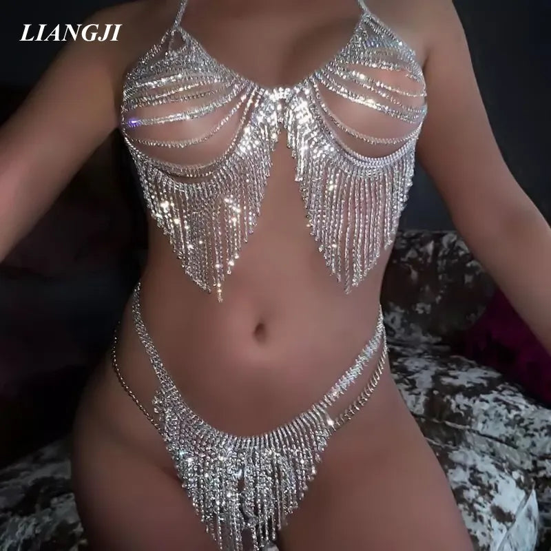 Rhinestone Strap Bra & Thong Body Jewelry