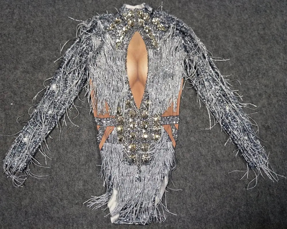 Sparkly Silver Crystal Rhinestone & Fringe Bodysuit Stage Performance Costume