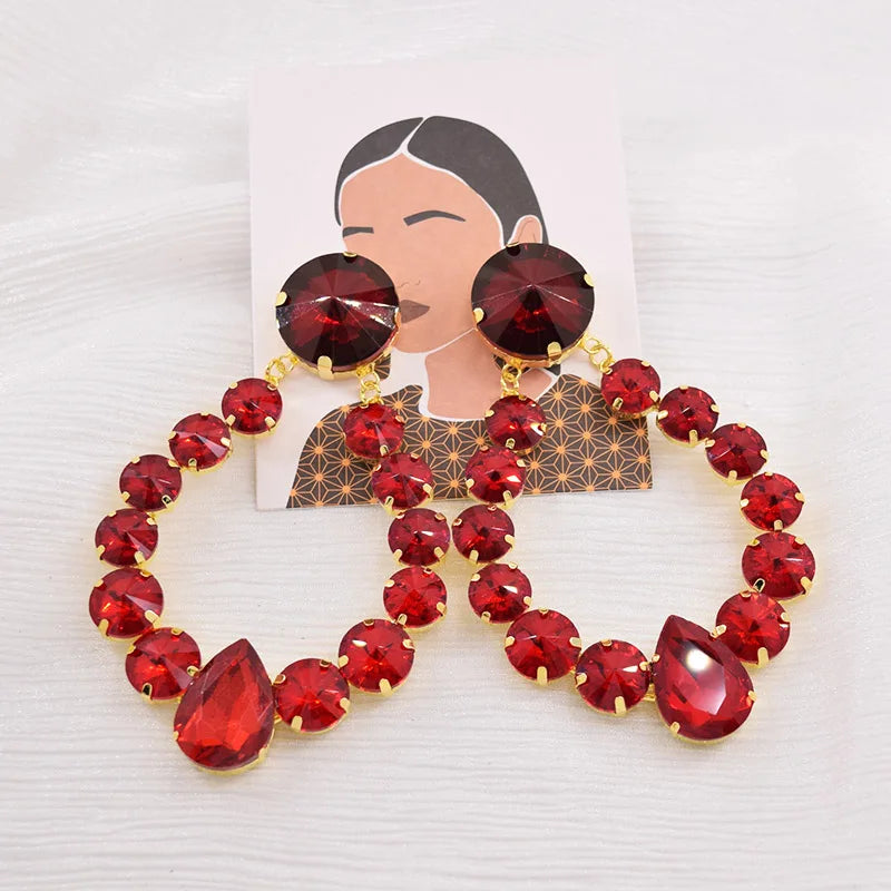Sparkly Glass Crystal Oval Statement Drop Earrings Drag Queen Stage Jewelry
