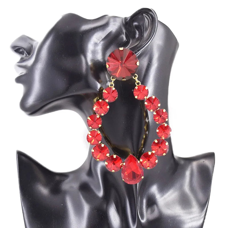 Sparkly Glass Crystal Oval Statement Drop Earrings Drag Queen Stage Jewelry
