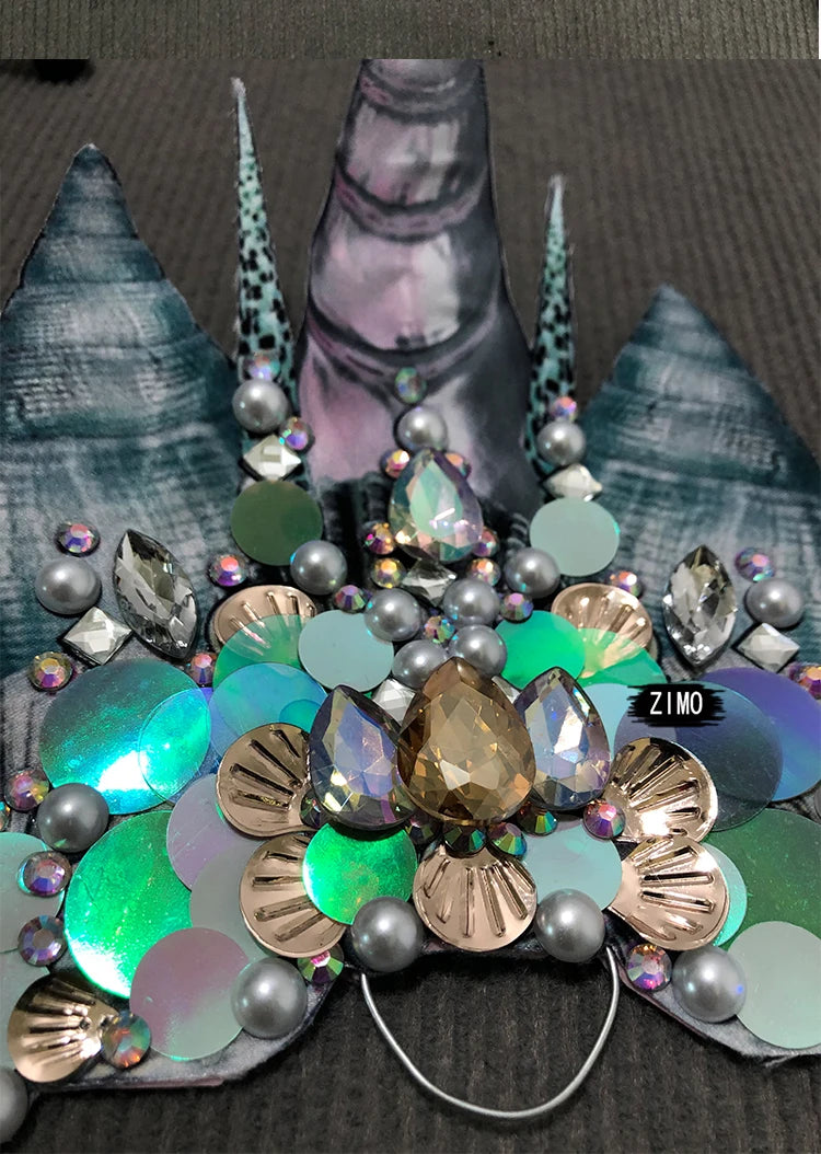 Emerald Green Rhinestone Sequin Mermaid Gown & Crown Stage Performance Costume Set