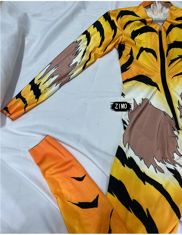 Tiger Print Rhinestone Catsuit Long Sleeve Fierce Animal Stage Performance Jumpsuit