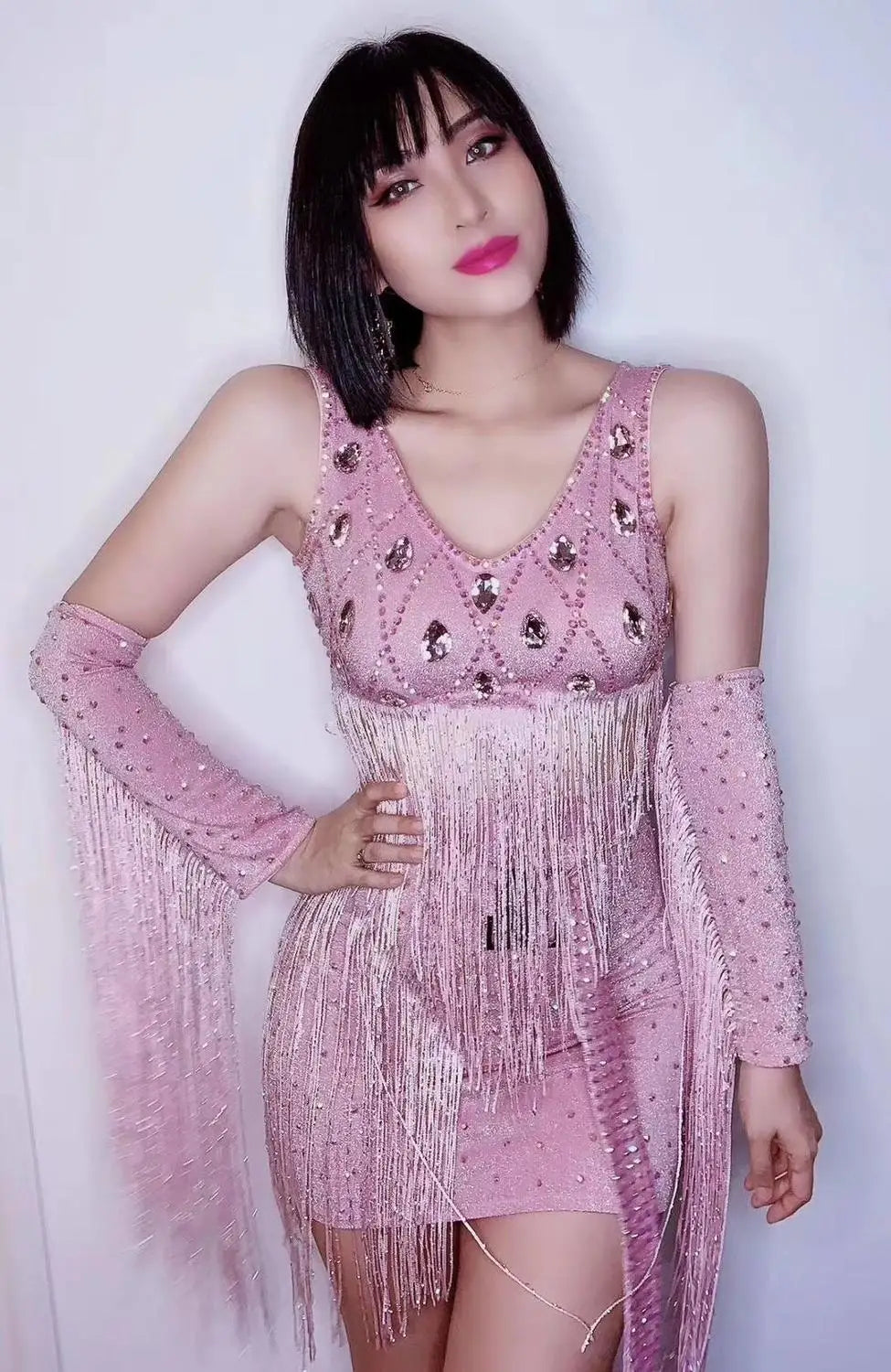 Pink Rhinestone Fringe Top, Skirt & Gloves Set