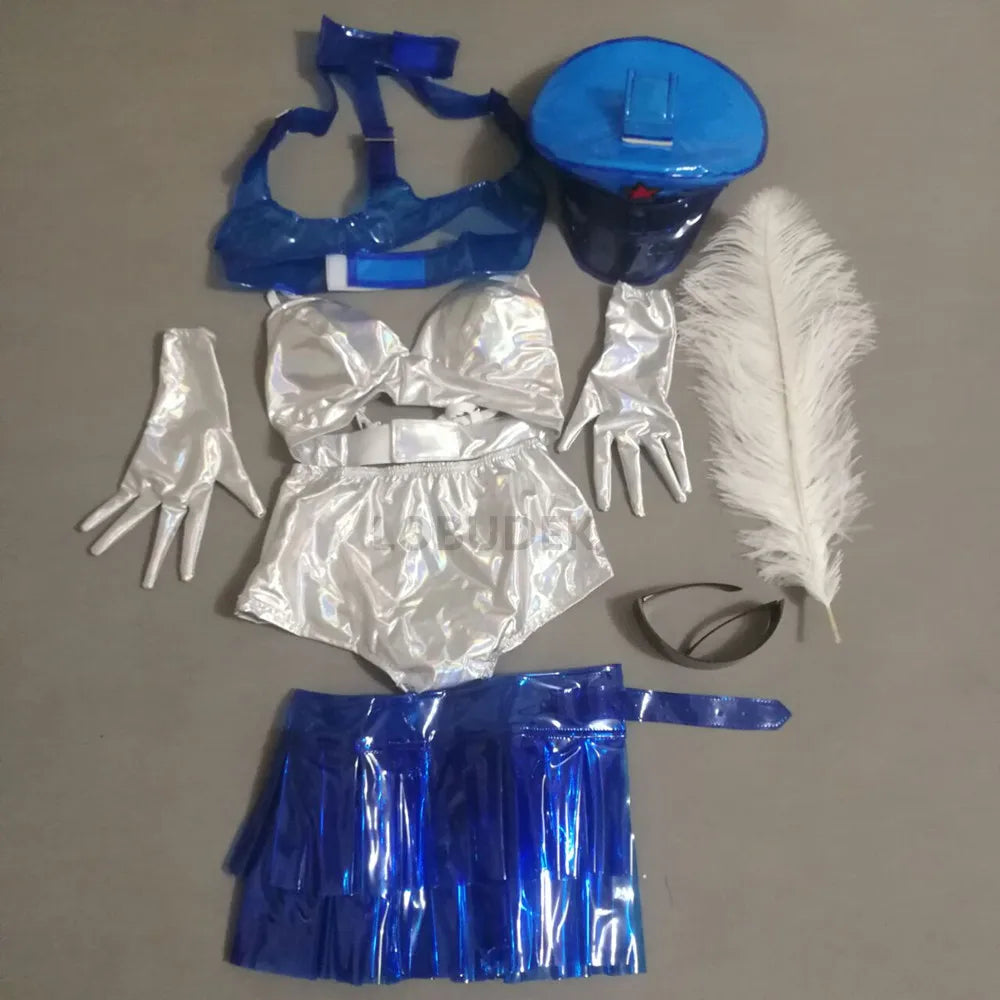Holographic Silver Laser Bikini, Ruffle Skirt & Captain Hat 3-Piece Stage Costume Set