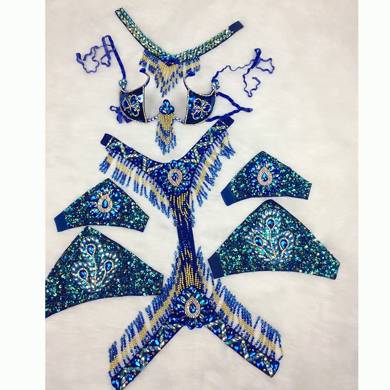 Handmade Beaded Samba Carnival Bra, Thong & Jewelry 5-Piece Stage Costume Set